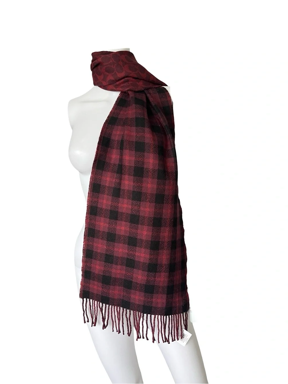 NEW Coach Scarf Reversible Signature Plaid Monogram Wool Fringe Oxblood - Picture 2 of 9